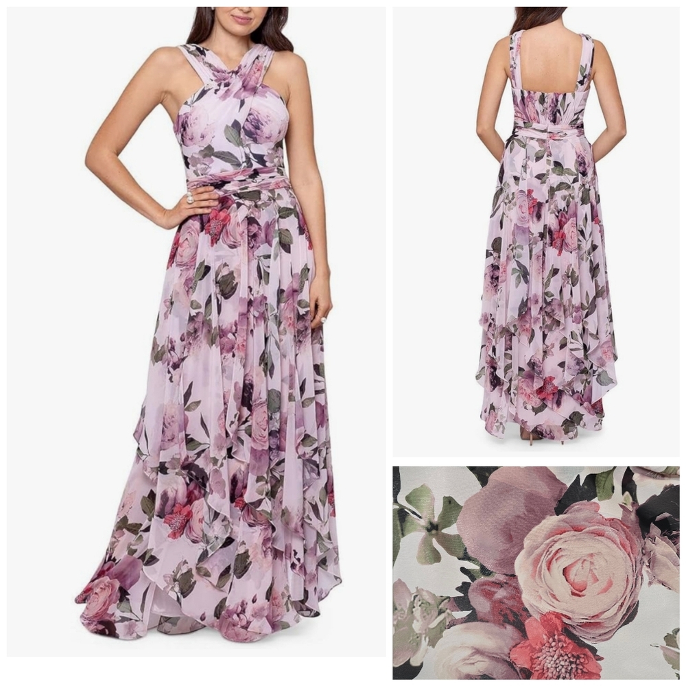 Xscape Maxi Dress Sz 14 Chifon Gown Floral Cascading Ruffles Flowy Evening Soft